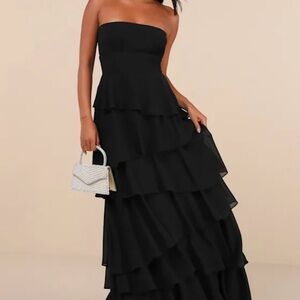 Lulu's Black Strapless Ruffled Gown